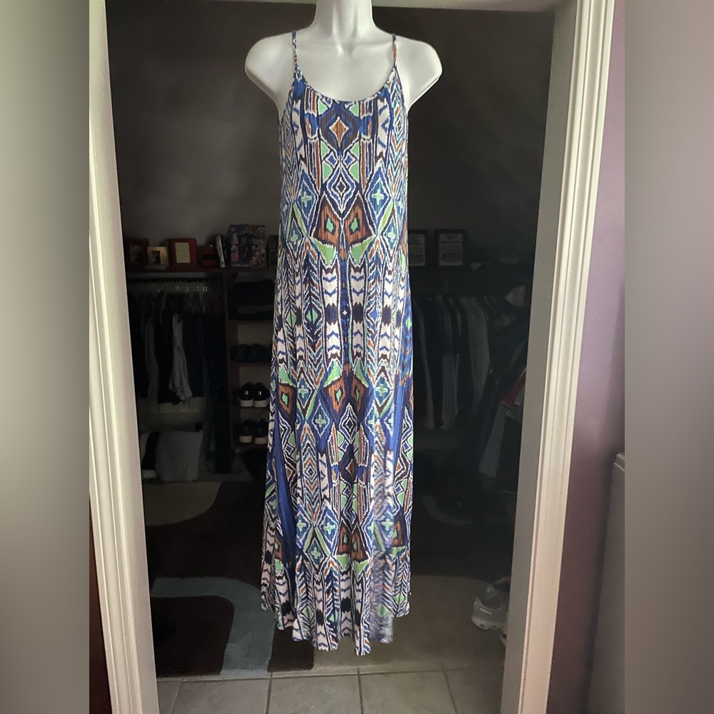 One Clothing Aztec Print Spaghetti Strap Sleeveless Geometric Boho Maxi Dress